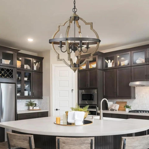 4 Light Farmhouse Chandelier For Dining Room Rustic Black Globe Orb Drum Pendant With Wood Grain Metal Frame in kitchen