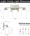 3-light vanity light dimensions showing brushed nickel finish and cylindrical glass shades, ideal for modern bathroom setups.