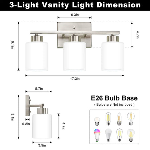 3-light vanity light dimensions showing brushed nickel finish and cylindrical glass shades, ideal for modern bathroom setups.