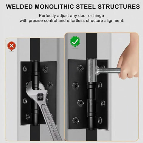 Heavy Duty Door Hinge Adjuster Tool 8-19mm Gap Wrench For Sagging Doors Upgraded 2025 Double Ended Hinge Repair Tool Door Gap Tool For Flag Hinges Steel Rust Resistant And Built To Last Pro Grade Fix visible in image with door hinge adjustment example.
