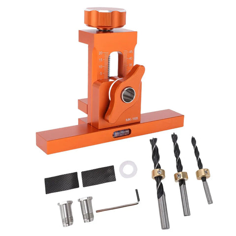 Adjustable Heavy Duty Aluminum Alloy Cabinet Door Mounting Jig With Built In Level Bubble And Non Slip Grip, orange tool with drill bits and accessories.