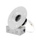 Trimless 3.5 Inch Round LED Recessed Downlight Luminaire, Dimmable, 12W with white finish and connected wiring, showing front view