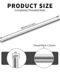 Long M8 x 1.25mm x 300mm Fully Threaded Rod Beefy Heavy Duty 304 Stainless Steel With Right Hand Threads For Anchor Bolts Clamps And Hangers Corrosion Resistant All Thread Screw Bar Stud Pack Of 1 showing size, pitch, and thread detail