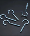 Knockout Vinyl Coated Screw Hooks And Heavy Duty Eye Bolts Designed For Zero Hassle Wall Mounting On Wood Or Drywall Surfaces With A Slick Finish That Keeps Your Space Looking Clean In This Dependable 20 Piece Bundle, showing metallic screw hooks.