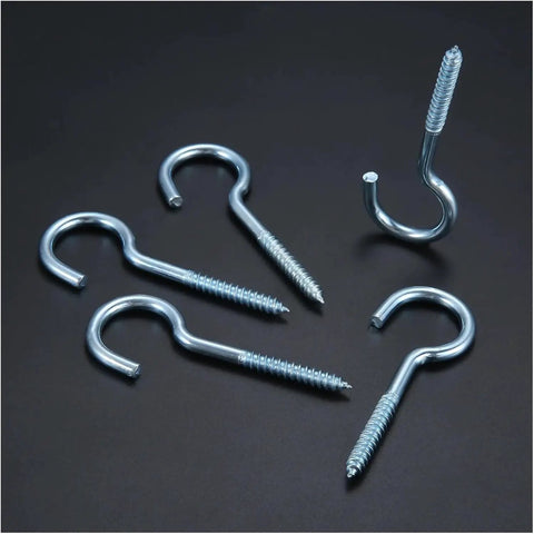 Knockout Vinyl Coated Screw Hooks And Heavy Duty Eye Bolts Designed For Zero Hassle Wall Mounting On Wood Or Drywall Surfaces With A Slick Finish That Keeps Your Space Looking Clean In This Dependable 20 Piece Bundle, showing metallic screw hooks.