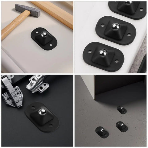 12 Pack Self Adhesive Black Mini Caster Wheels With 360 Degree Swivel Low Profile Kitchen Appliance Rollers installed on surfaces.