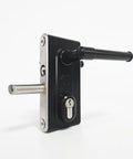 Close-up of Heavy Duty Stainless Steel Gate Latch Deadlock Adjustable Bolt Security Lock with keyhole.