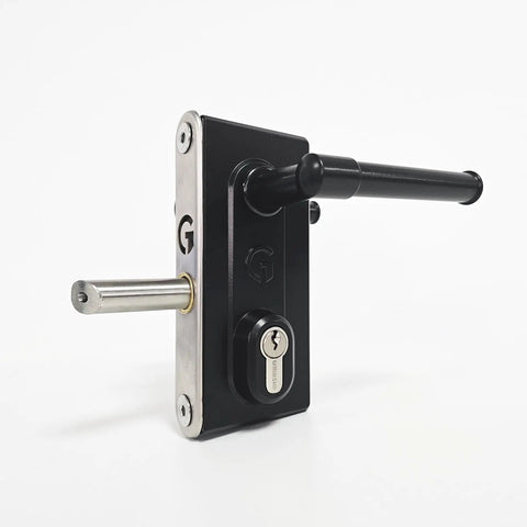 Close-up of Heavy Duty Stainless Steel Gate Latch Deadlock Adjustable Bolt Security Lock with keyhole.