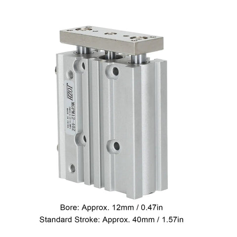 Double Acting Pneumatic Cylinder With Three Rods, 12mm Bore, 40mm Stroke, Heavy Duty Industrial Air Cylinder, Aluminum Alloy, Side View