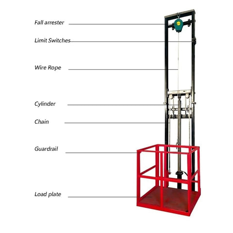 Heavy Duty Lift Platform Vertical Hydraulic Freight Elevator With Sturdy Steel Guide Rails, featuring load plate, chain, guardrail.
