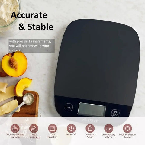 Ultra Slim Digital Kitchen Scale for food weighing with 0.1 oz/1 g increments, tare function, black, great for cooking and keto diet