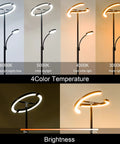 Lit LED Floor Lamp With Rotatable Main Light And Flexible Reading Light showing 4 color temperatures and dimming options