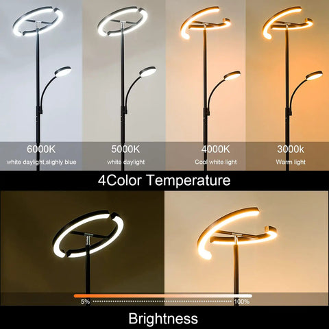 Lit LED Floor Lamp With Rotatable Main Light And Flexible Reading Light showing 4 color temperatures and dimming options