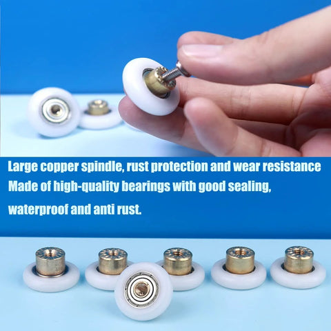 Close-up of Six Pcs Shower Door Rollers With Copper Core And POM Wheels, Stainless Steel Screws, for glass doors, corrosion resistant.