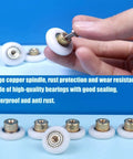 Six Pack Shower Door Rollers Wheels Replacement Kit showcasing a copper spindle and roller bearings for glass bathroom doors.