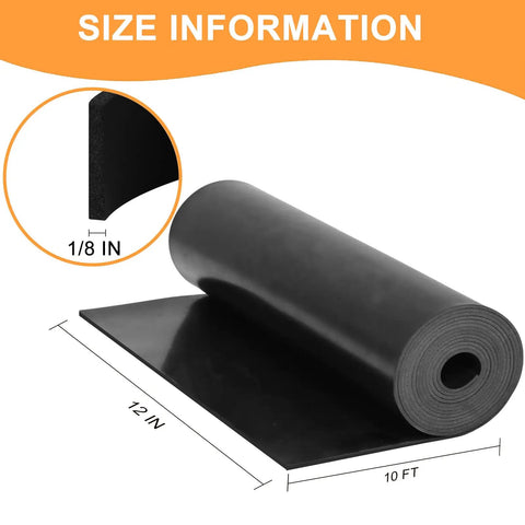 Hard Wearing Neoprene Rubber Sheet For DIY Gaskets And Seals Oil Resistant And Anti Slip For Floors Pads Bumpers And Shock Pads Cut To Size 12In X 1/8In X 10Ft shown rolled with size info