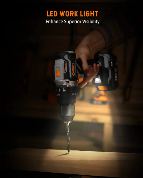 Brushless Power Drill Kit With 1/2 Inch All Metal Chuck, 530 In-Lb Torque, 2 Speed, Impact Function, LED light in use