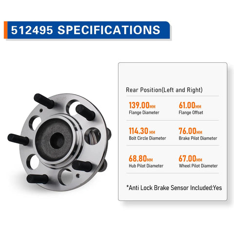 Top Grade 512495 Rear Wheel Hub And Bearing Assembly for Kia Soul, showcasing specifications and dimensions.