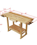 Heavy Duty 55 Inch Rubber Wood Workbench Built Badass Tough For Garage And Home Workshop Station Swallows Massive Loads Up To 330 Lbs with dimensions and clamps.