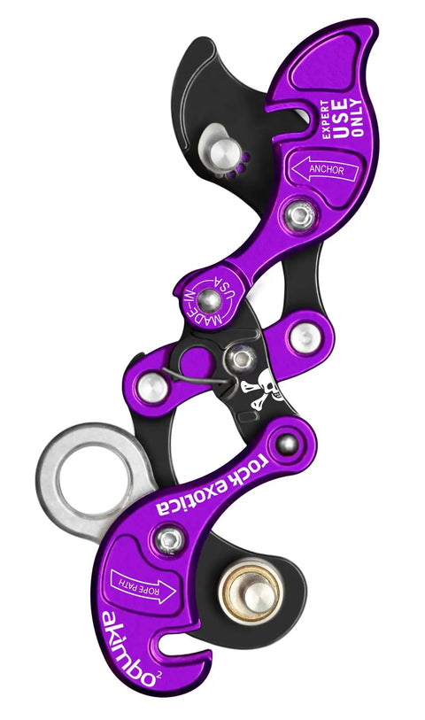 Mid Line Clip On Rope Climbing And Descending Device For Arborists Quick Snap Install Remove Without Taking It Apart Fits 11.5 To 12.7 Mm Climbing Lines Adjustable Friction Lets You Climb Smoothly And Descend Control in purple and black angle view
