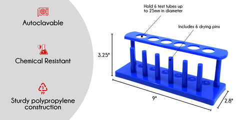 Six Tube Test Tube Stand Made From Durable Polypropylene With 25mm Diameter Holes, Autoclavable For Sterilizing, Includes Six Drying Pins