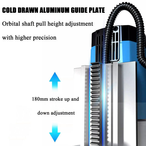Powerful 1500W Magnetic Drill Press with cold drawn aluminum guide plate for precise 180mm height adjustment.