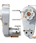 RS775 24V High Speed Motor With Gearbox dimensions for kids ride-on cars, side and front view showing measurements.
