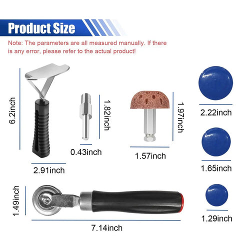 Heavy Duty Tire Patch Kit For Quick Flat Fixes With 30 Reinforced Patches In 32mm 42mm 58mm Sizes Plus Patch Roller Buffer Wheel And Liner Scraper For Cars Trucks SUVs Motorcycles And Bikes, showing tool sizes