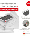 Aluminum Staircase Platform With Height Adjustable Telescopic Rails And Feet Built In Bubble Level in use on staircase