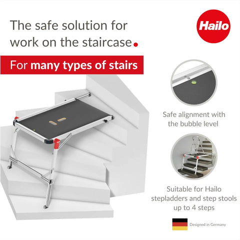 Aluminum Staircase Platform With Height Adjustable Telescopic Rails And Feet Built In Bubble Level in use on staircase