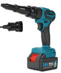 Beast Of A 26V Brushless Cordless Rivet Gun Dual-Use Tool With 11000N Pulling Force, 3 Interchangeable Nozzles, 5200mAh Battery And Fast Charger, Plus 5 Nut Mandrels M3 M4 M5 M6 M8 For Aluminum And Steel Rivet Nuts, side view with nozzle attached