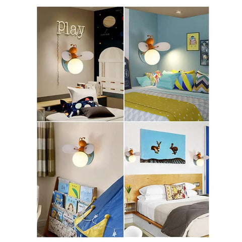 Bee Shaped Kids Wall Light With Glass Shade Cute Sconce for cozy children's bedroom decor in various room settings for play and reading.