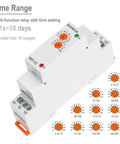 Beefy Delay Off Timer Relay 16A 1-SPDT with Universal 12-240V ACDC Power Range, TBT7-C1 Pro Auto Off for Home, Shop, and Industrial Controls, Works With 12V to 240V In One Unit. White DIN-rail timer relay with orange adjustment dials and terminals.