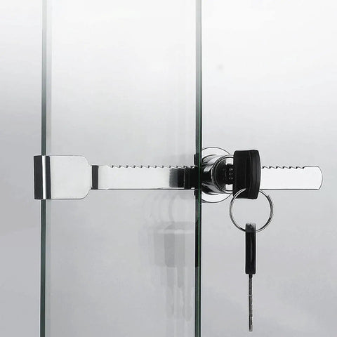 Close-up of 8 Pack Display Case With Sliding Glass Door And Ratchet Lock, Keyed Alike, Heavy Duty Zinc Alloy Frame With Chrome Finish