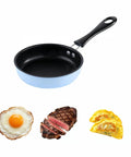 4.7 Inch Mini Nonstick Egg Pan With 5 Layer Coating shown with cooked egg, steak, and omelet on white background