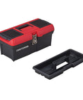 Lockable 16 Inch Tool Box With Portable Tray, Comfort Grip Handle, Front Metal Latch, Red And Black, Keeps Your Gear Safe, Neat And Ready To Go