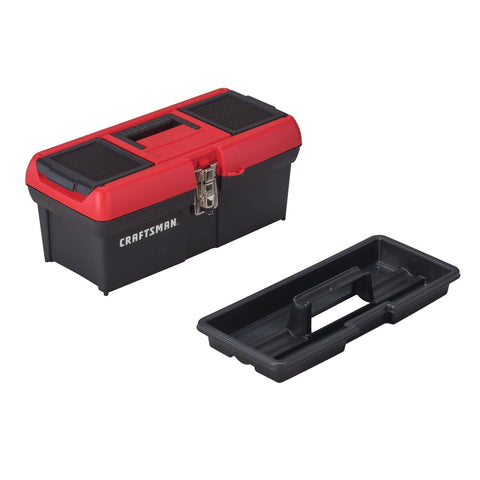 Lockable 16 Inch Tool Box With Portable Tray, Comfort Grip Handle, Front Metal Latch, Red And Black, Keeps Your Gear Safe, Neat And Ready To Go