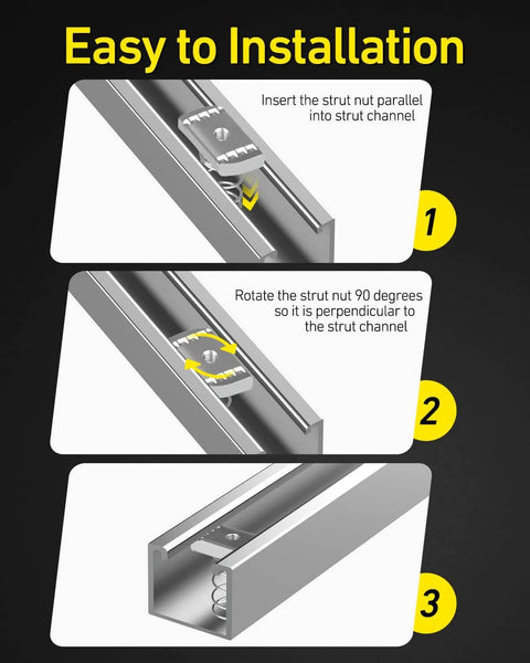 Installation steps for high strength 8mm thickened strut channel nuts with premium springs in a channel
