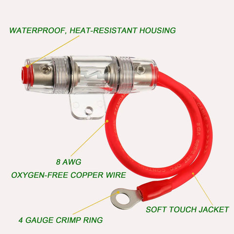 Badass AGU Fuse Holder Rated For 60 Amps Packed With 8 Gauge AWG Oxygen Free Copper Wire Ideal For Cranking Your Car Stereo Or Boat Audio Setup Includes One Foot Of Heavy Duty Cable For Peace Of Mind Safety showing waterproof housing and 8 AWG wire.