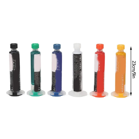 Six Pack Solder Mask Ink For BGA PCB Repair With UV Light Cure 10cc, assorted colors, side view, showing height.