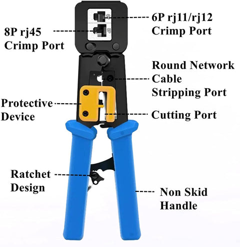 RJ45 Pass Through Crimping Tool Kit For Cat6 Cat5e Cat5 With 50 RJ45 Pass Through Connectors And 50 Covers, Wire Stripper And Network Cable Tester