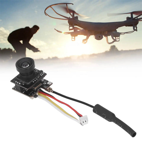 FPV All In One Camera With 5.8GHz 40CH 25mW Switchable Transmitter For Indoor Drone Racing with drone and pilot silhouette