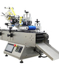 Heavy Duty Fully Automatic Desktop Conveyor Roller Horizontal Labeling Machine For Round Bottles Cans And Wine with blue conveyor.