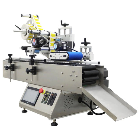 Heavy Duty Fully Automatic Desktop Conveyor Roller Horizontal Labeling Machine For Round Bottles Cans And Wine with blue conveyor.