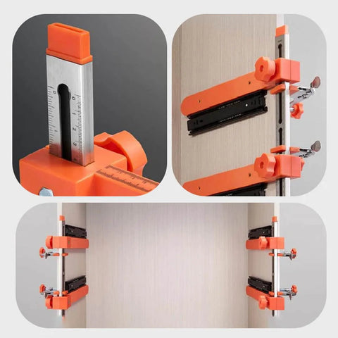 Drawer Slide Jig Kit With Magnetic Arm Punch Locator for effortless cabinet hardware alignment in various installation views