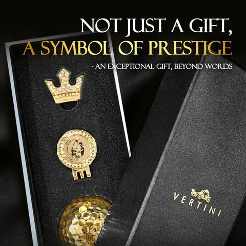24K Gold Plated Golf Ball And Crown Ball Marker Set For Men And Dads in gift box, featuring golden golf ball and crown marker