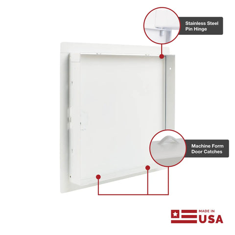 Top Shelf 18 Gauge Steel Drywall Access Door Panel With A No Fuss Cam Latch And Rock Solid Keyed Cylinder Lock 22X30 Inches shown with stainless steel hinge.