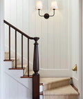 Hardwired 2 Light Dual Lamp Modern Armed Wall Sconce With Flared White Fabric Shades in stairway with white walls.