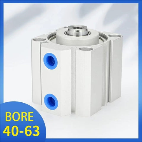 Front view of a compact pneumatic double-acting cylinder with white aluminum body and blue port holes.