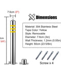 Tough As Nails 304 Stainless Steel Safety Bollard Post dimensions 7.6cm diameter 60cm height with removable style and yellow tape.